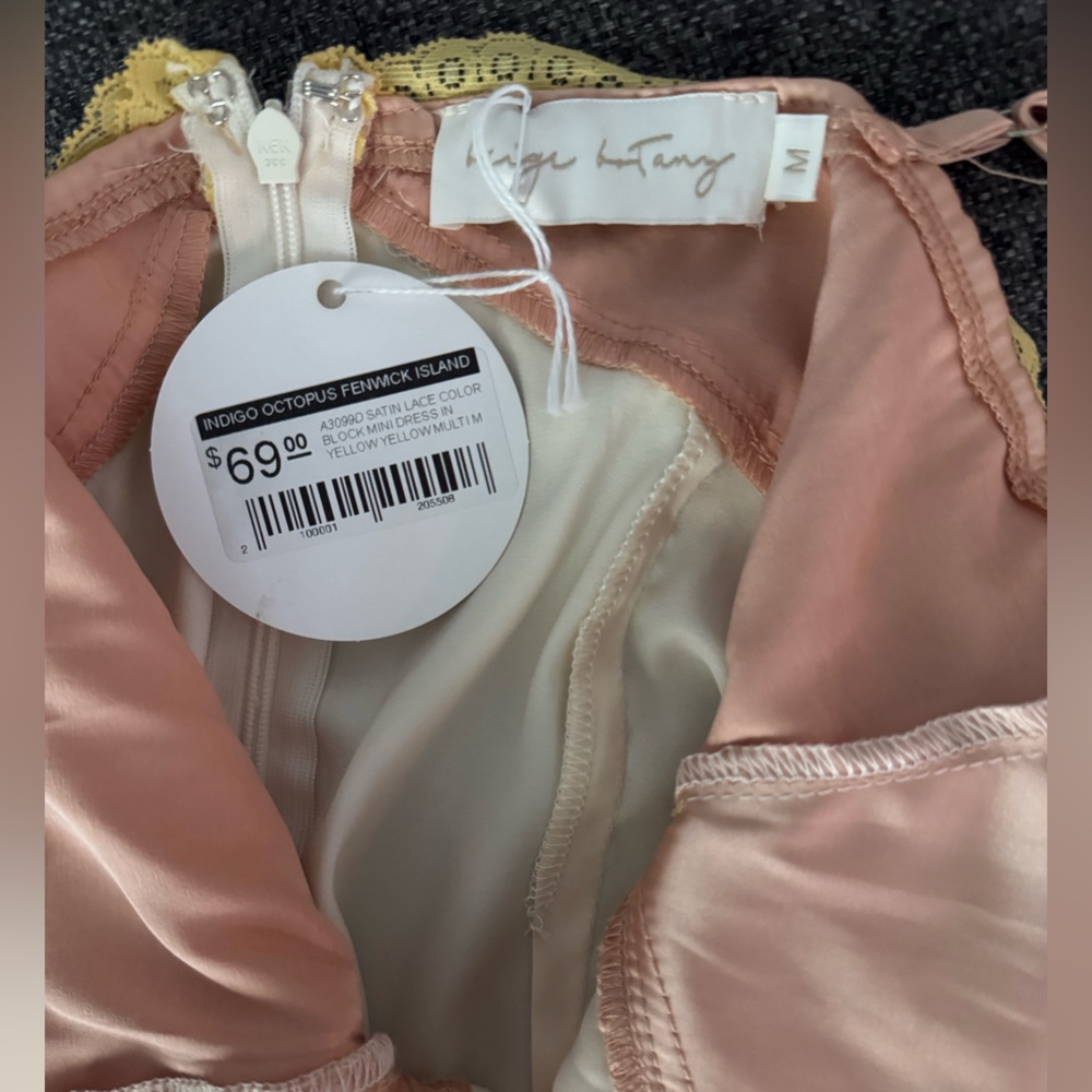 Indigo Octopus Beige Botany Ivory Cream Yellow Pink Lace Satin Mini Slip Dress M - Picture 6 of 7